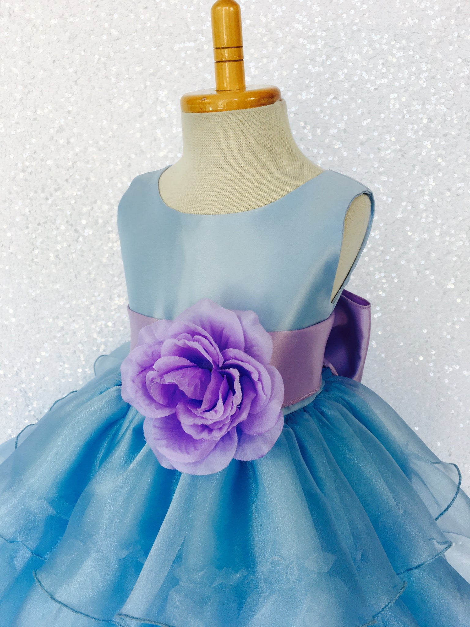 Baby Blue Sleeveless Satin Organza Ruffle Dress