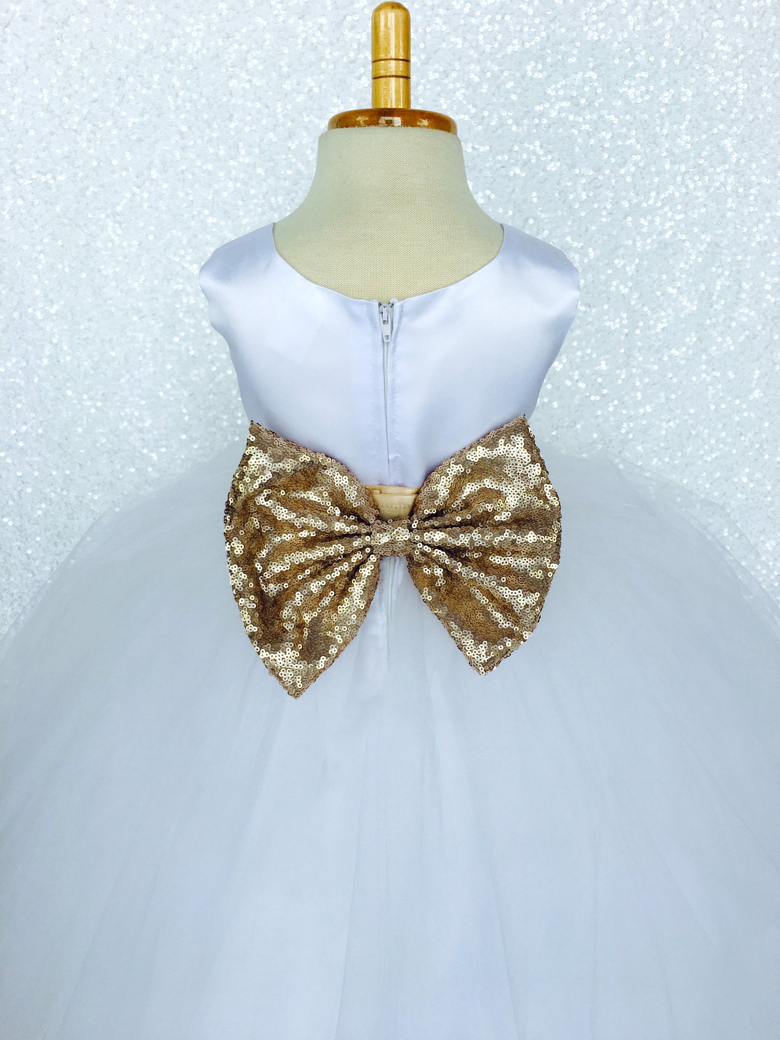 Sleeveless White 4 Layer Tulle Princess Dress Sequin Bow Ribbon