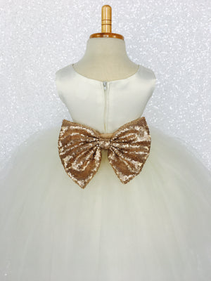 Sleeveless Ivory 4 Layer Tulle Princess Dress Sequin Bow Ribbon