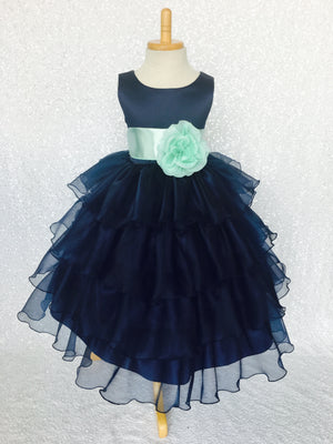 Navy Blue Sleeveless Satin Organza Ruffle Dress