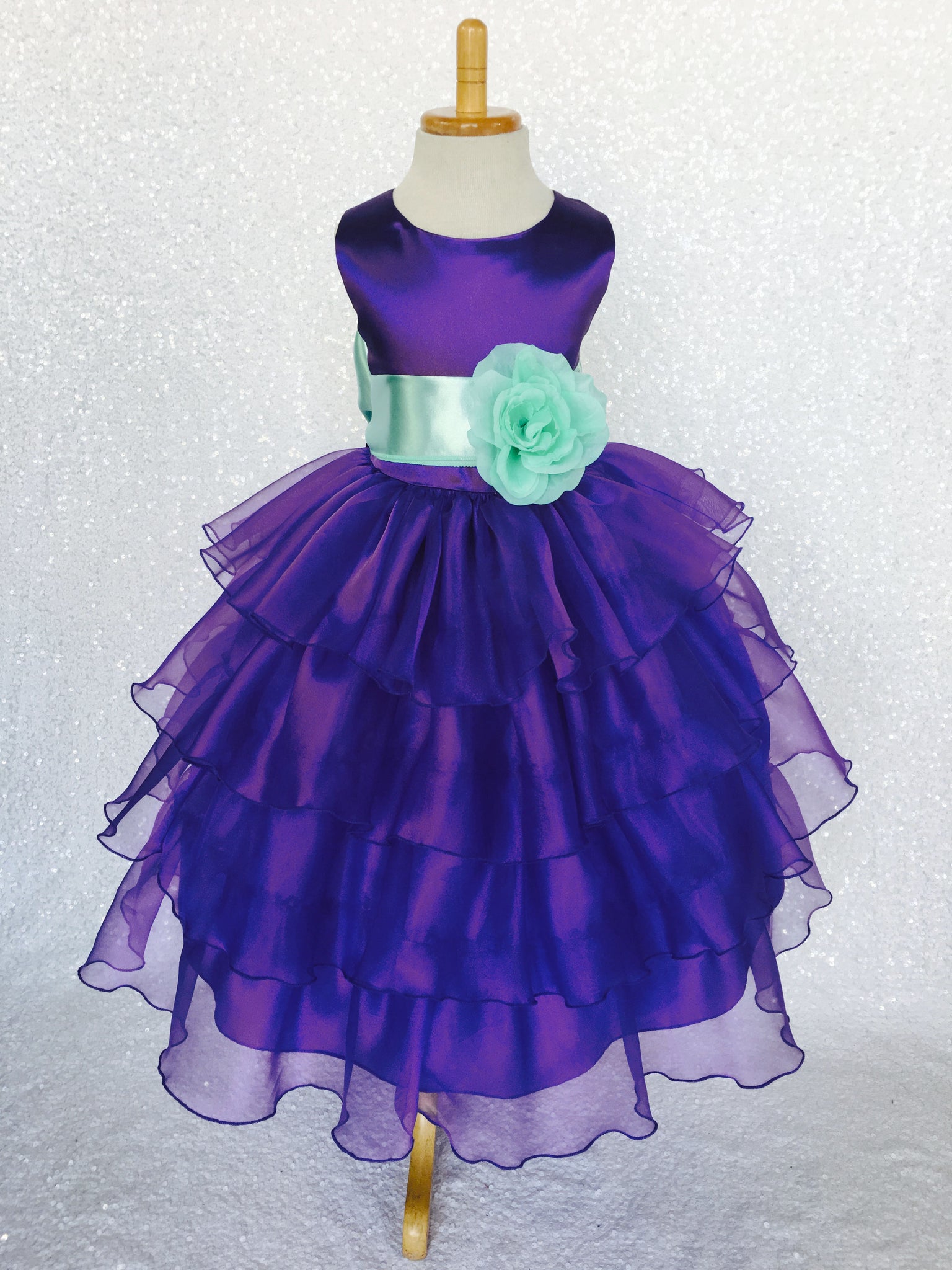 Purple Sleeveless Satin Organza Ruffle Dress