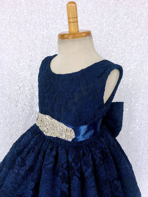 Navy French Lace V-Back Sleeveless Dress Bow White Rhinestone Sash