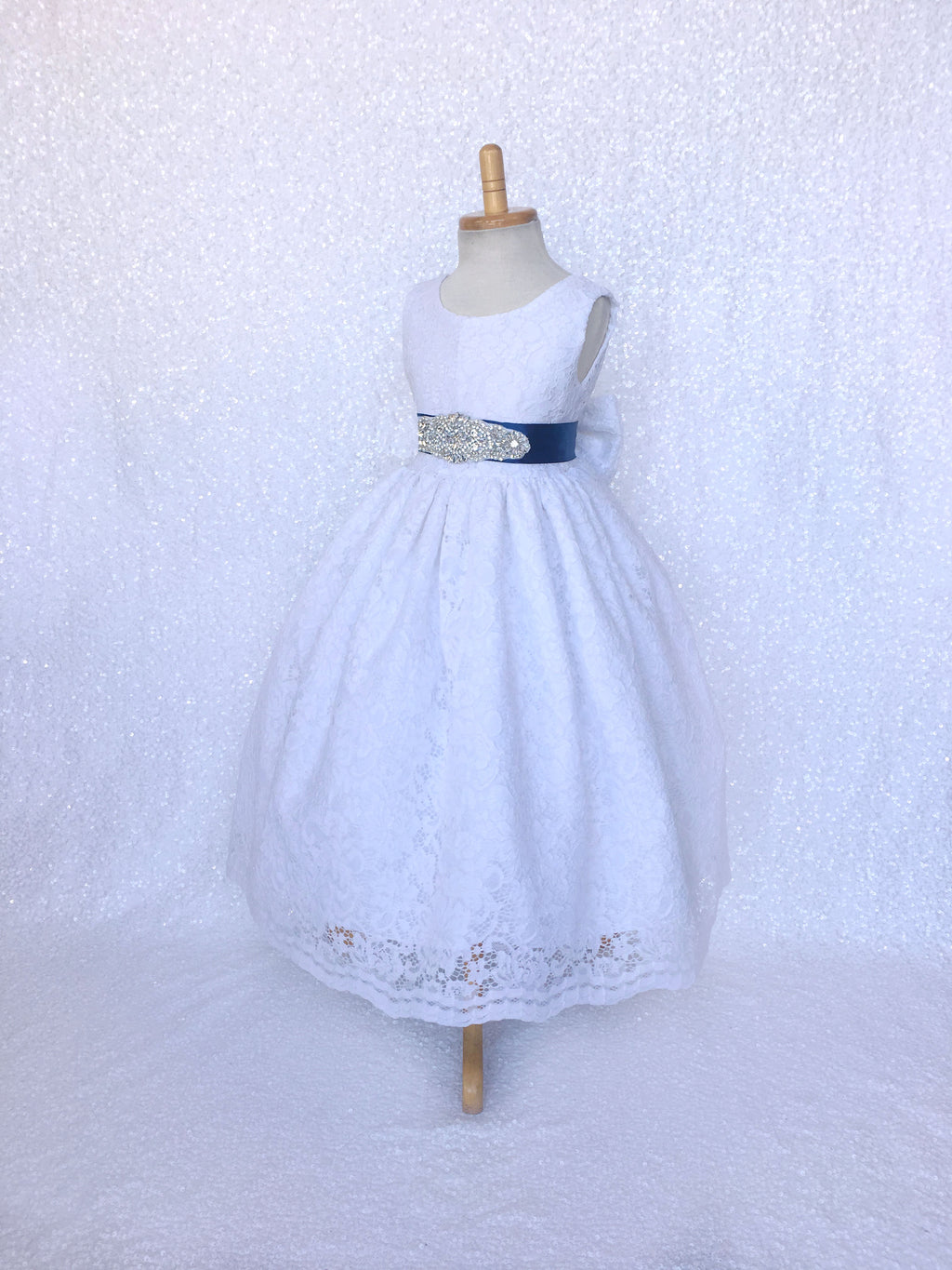 White French Lace V-Back Sleeveless Dress Rhinestone Bow Navy Blue Sash