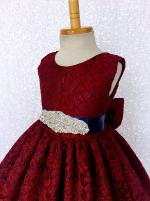 Burgundy French Lace V-Back Sleeveless Dress Bow Rhinestone White Sash