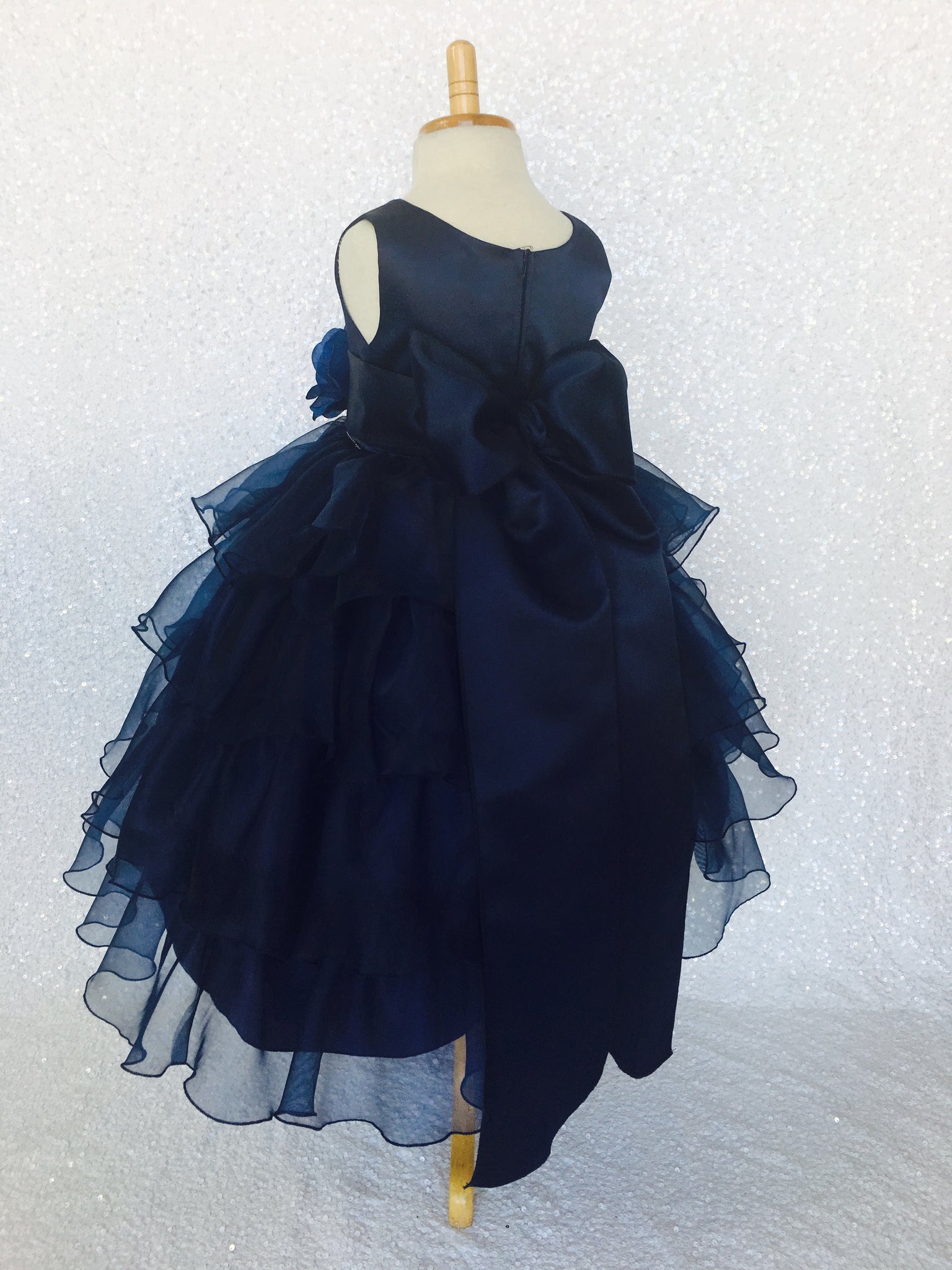 Navy Blue Sleeveless Satin Organza Ruffle Dress