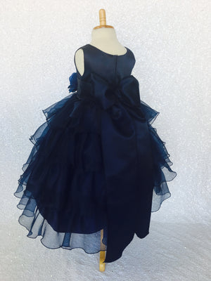 Navy Blue Sleeveless Satin Organza Ruffle Dress