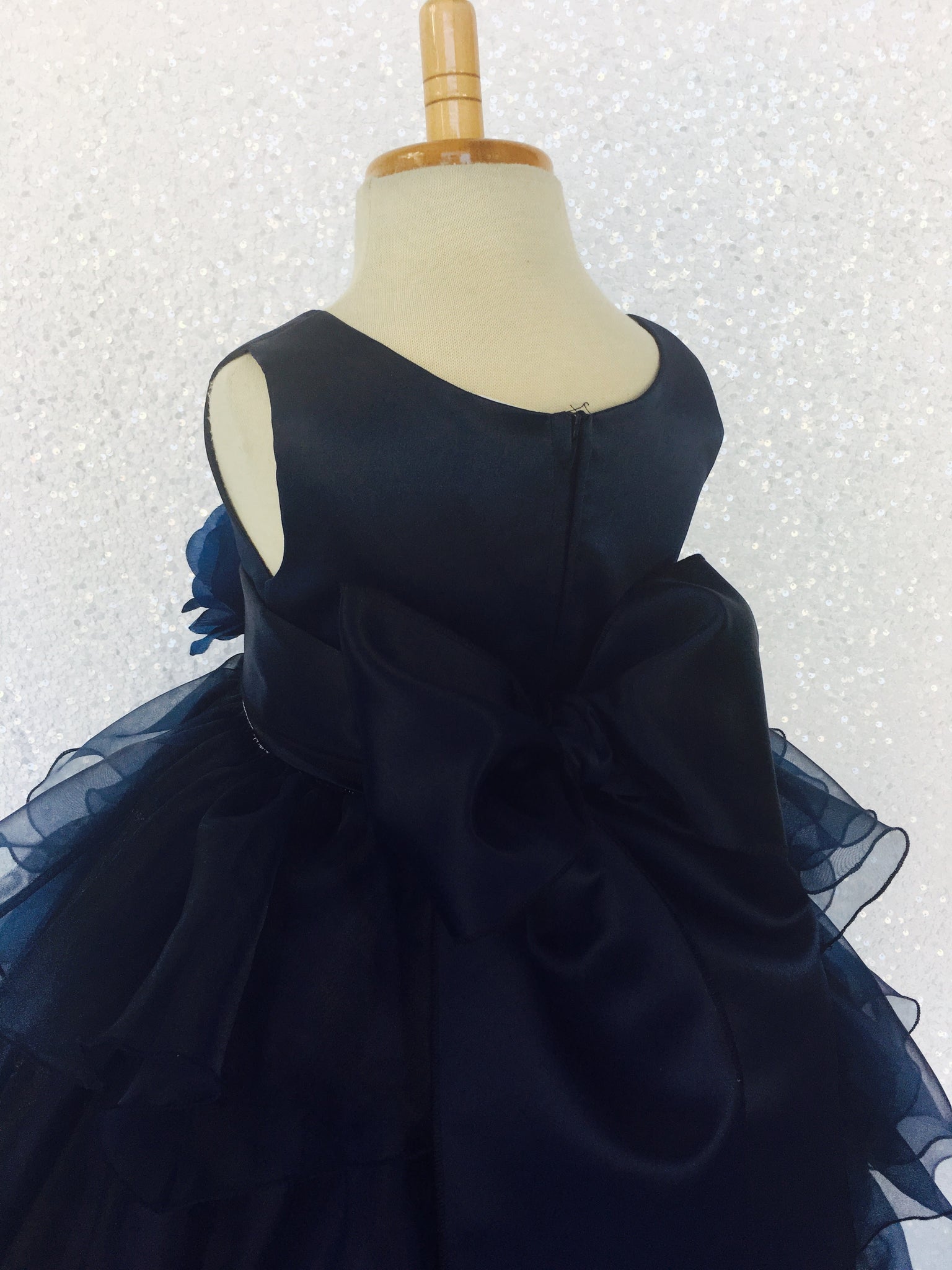 Navy Blue Sleeveless Satin Organza Ruffle Dress