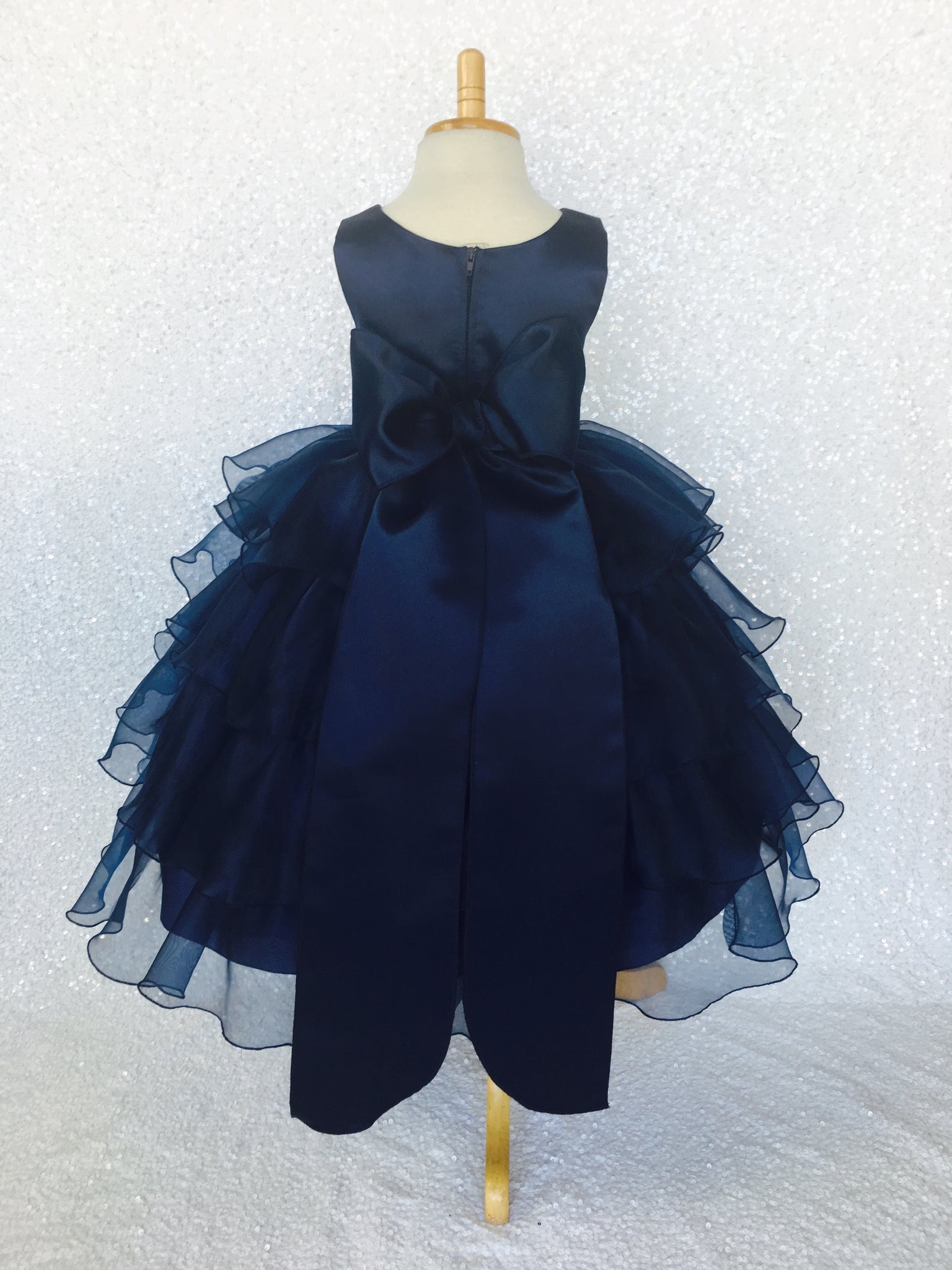 Navy Blue Sleeveless Satin Organza Ruffle Dress