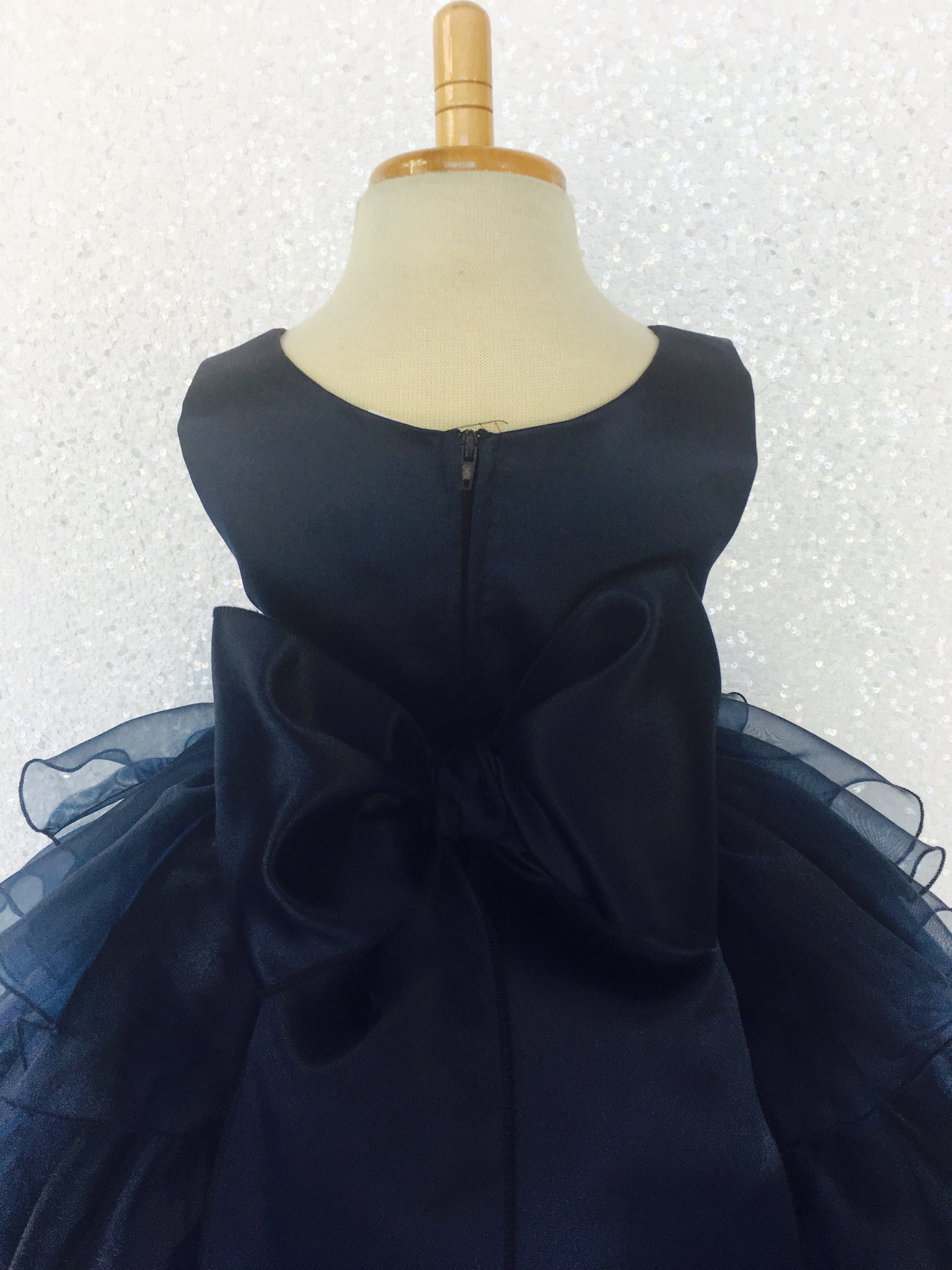 Navy Blue Sleeveless Satin Organza Ruffle Dress