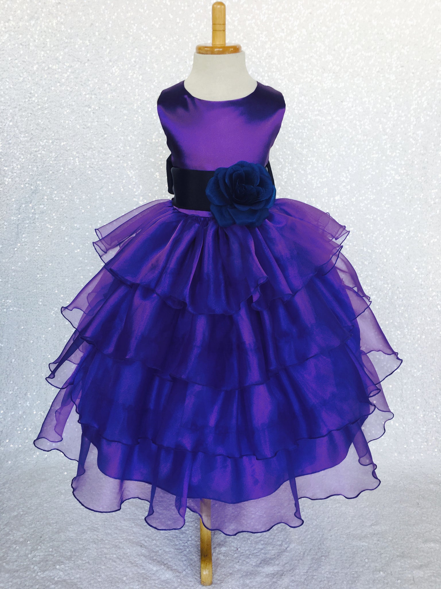 Purple Sleeveless Satin Organza Ruffle Dress