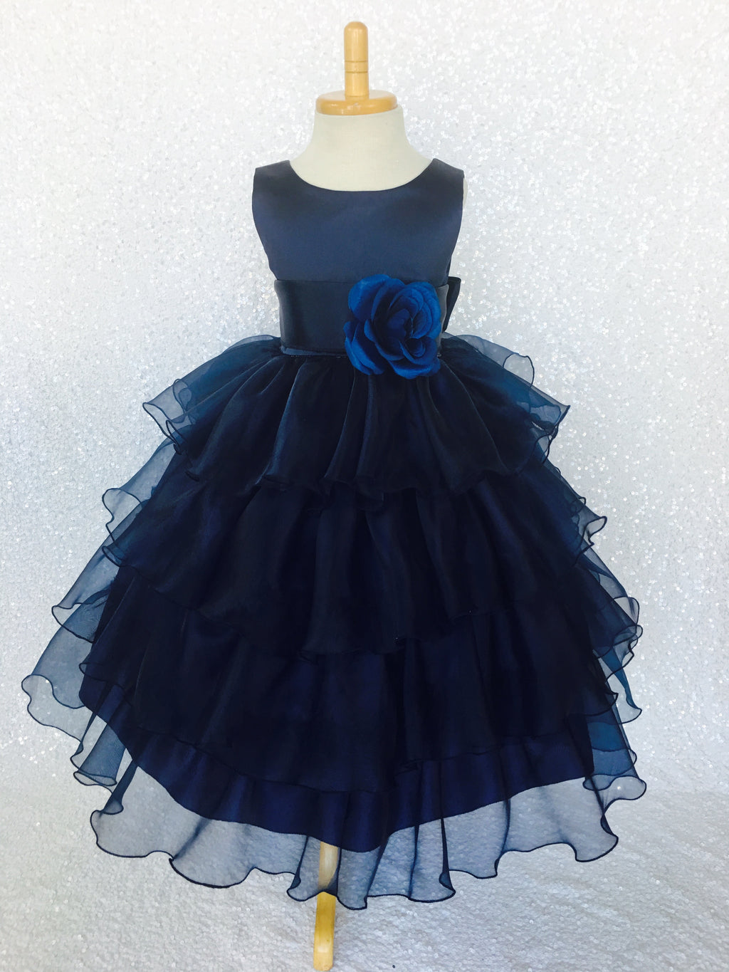 Navy Blue Sleeveless Satin Organza Ruffle Dress