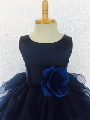 Navy Blue Sleeveless Satin Organza Ruffle Dress