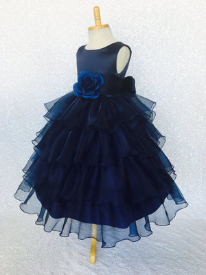 Navy Blue Sleeveless Satin Organza Ruffle Dress