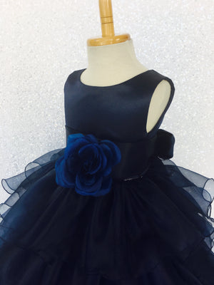 Navy Blue Sleeveless Satin Organza Ruffle Dress