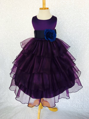 Sleeveless Satin Organza Ruffle Plum Dress Silver Sash Flower