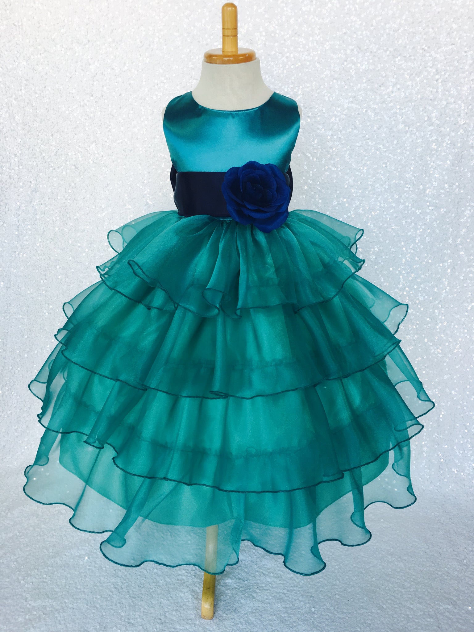 Teal Organza Ruffle Sleeveless Satin Dress