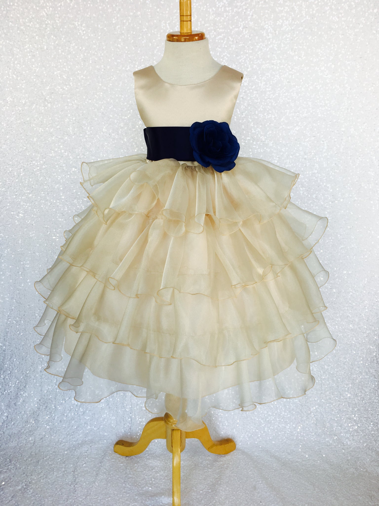 Champagne Sleeveless Satin Organza Ruffle Dress