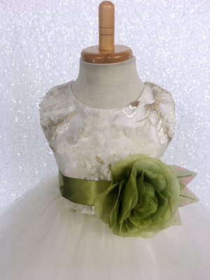 FL Off White Ivory 3D Floral Gold Embroidery 2 Layer Tulle Dress Olive Green Flower Ribbon