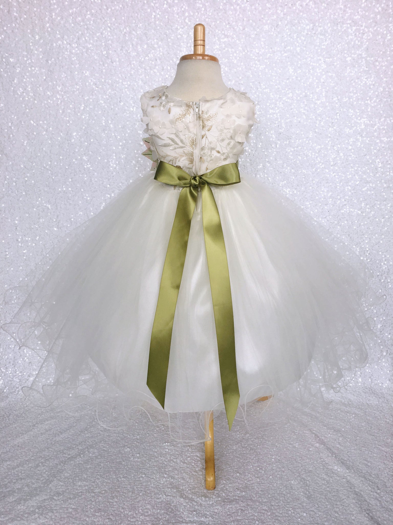 FL Off White Ivory 3D Floral Gold Embroidery 2 Layer Tulle Dress Olive Green Flower Ribbon