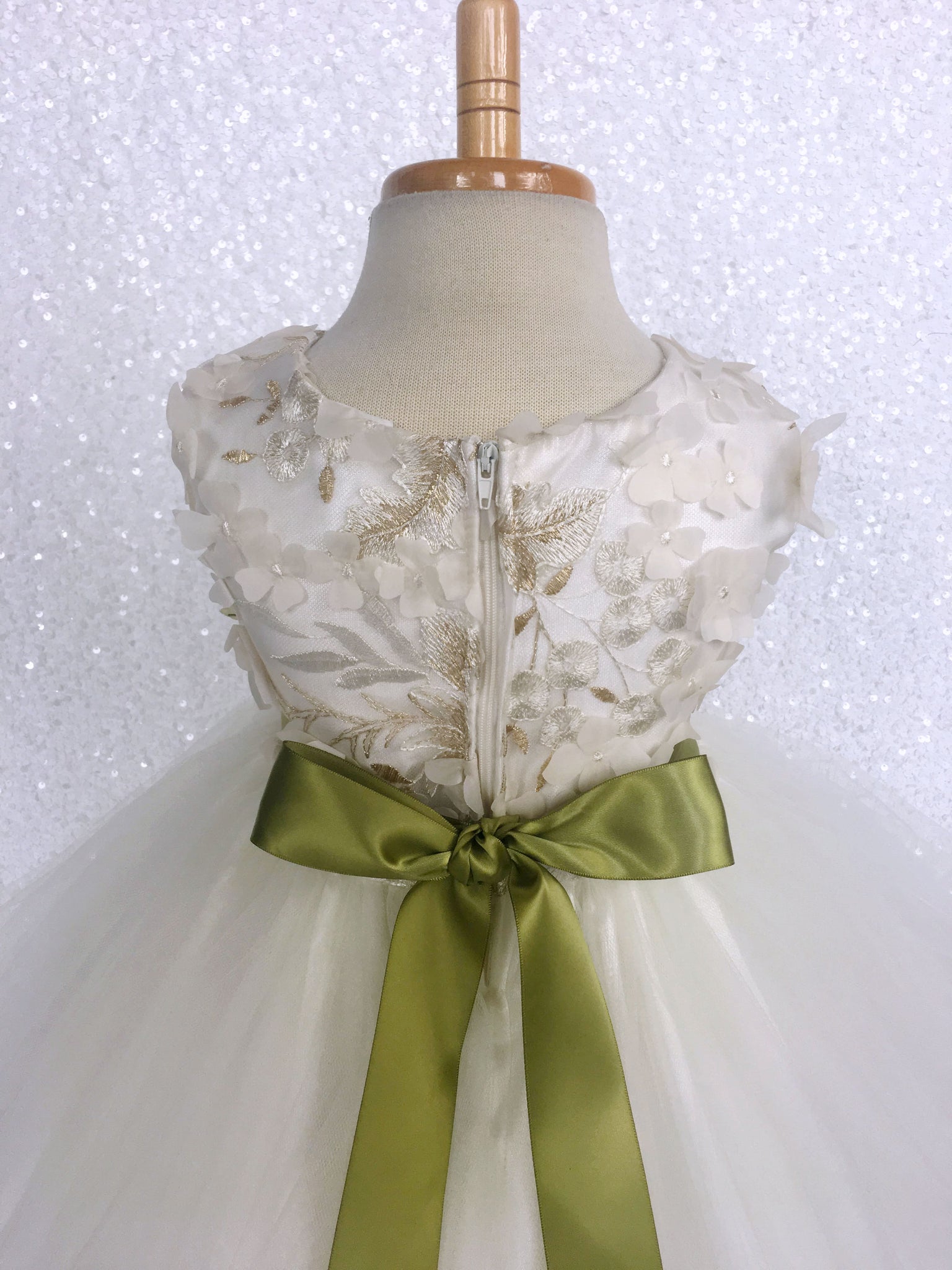 FL Off White Ivory 3D Floral Gold Embroidery 2 Layer Tulle Dress Olive Green Flower Ribbon