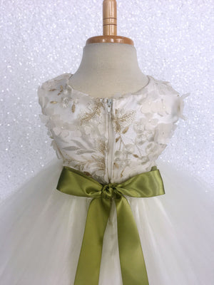 FL Off White Ivory 3D Floral Gold Embroidery 2 Layer Tulle Dress Olive Green Flower Ribbon