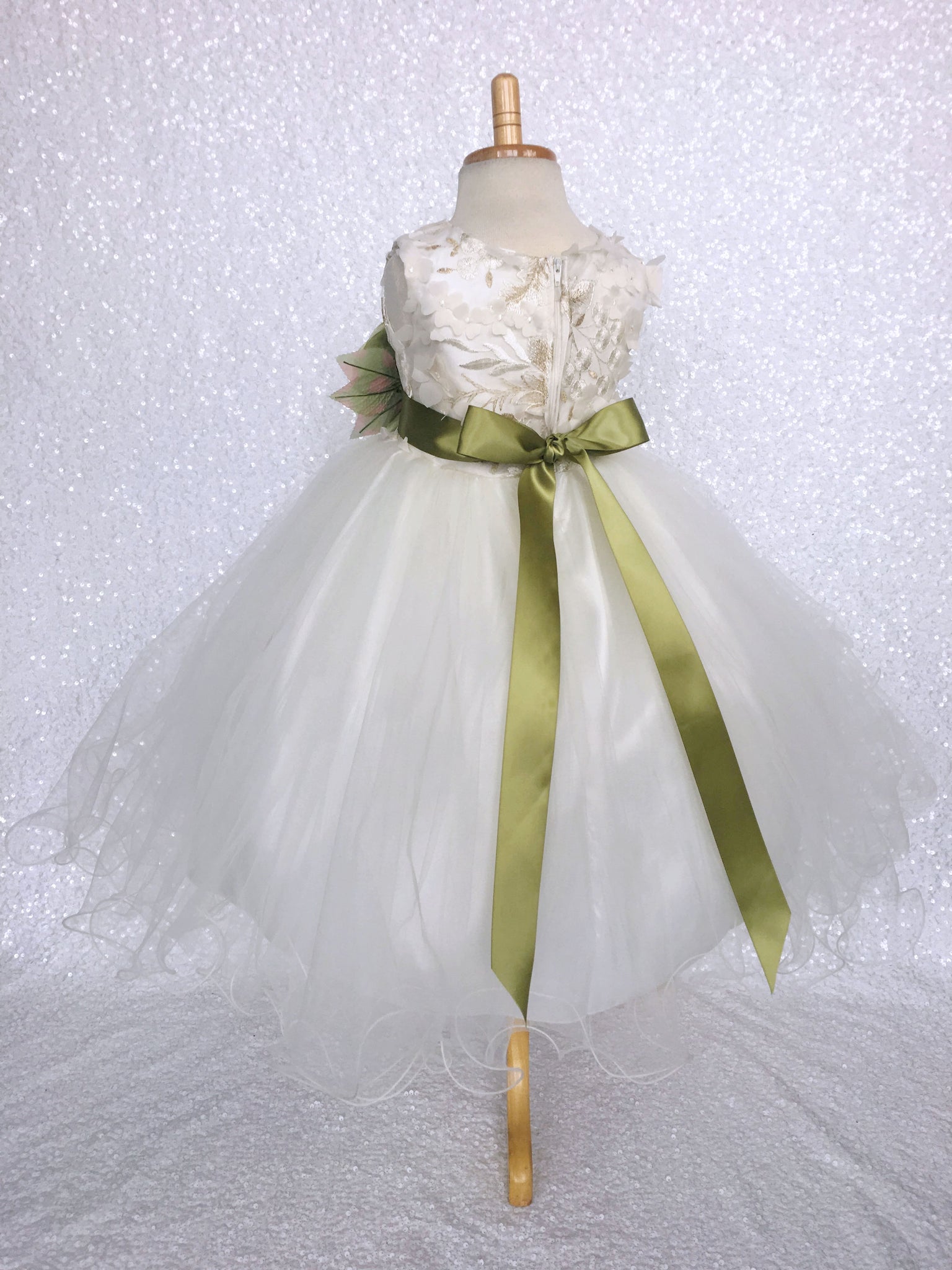 FL Off White Ivory 3D Floral Gold Embroidery 2 Layer Tulle Dress Olive Green Flower Ribbon