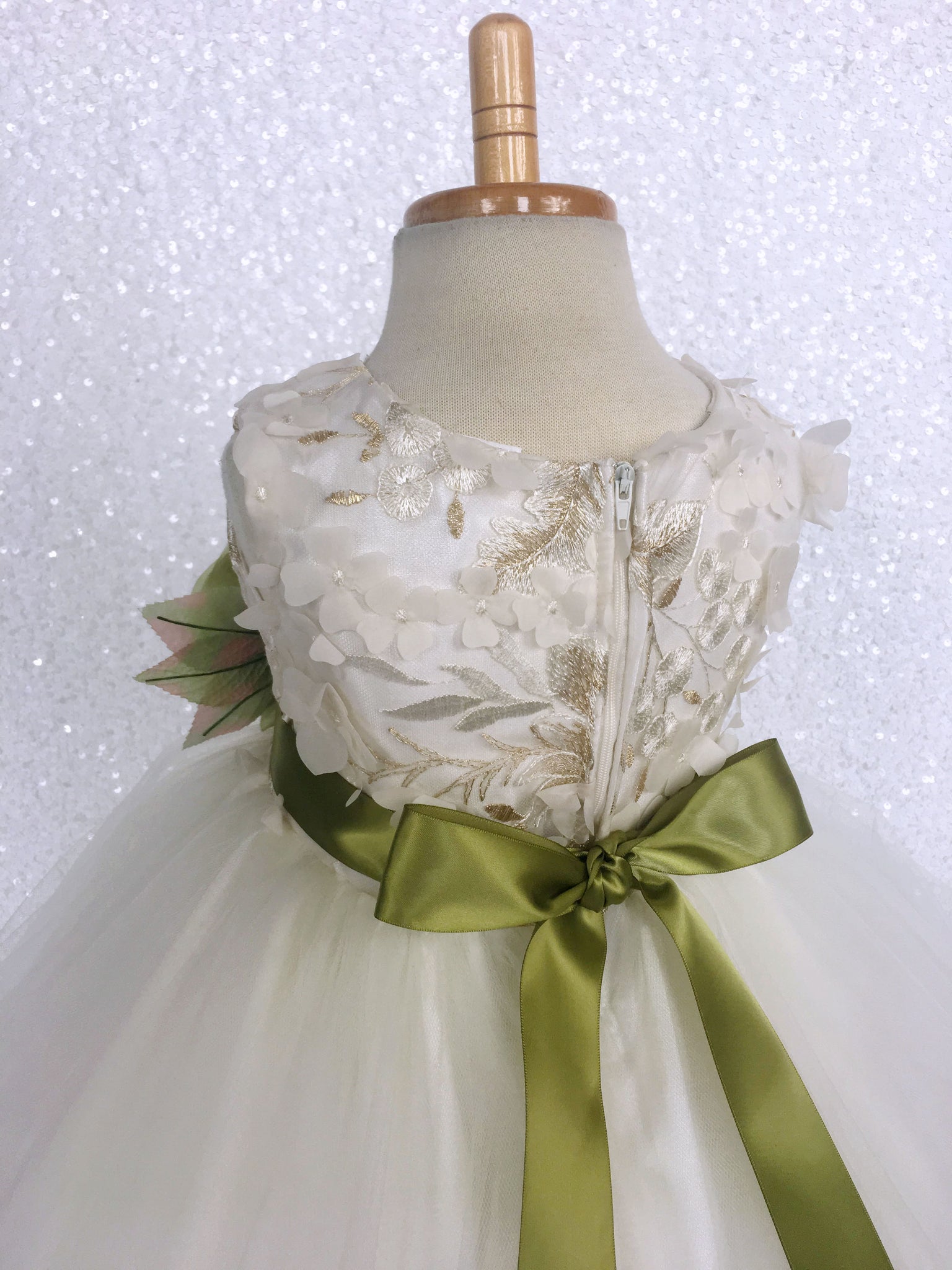 FL Off White Ivory 3D Floral Gold Embroidery 2 Layer Tulle Dress Olive Green Flower Ribbon