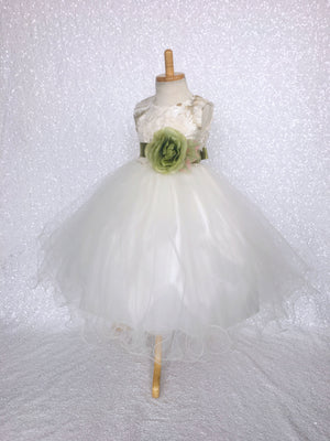 FL Off White Ivory 3D Floral Gold Embroidery 2 Layer Tulle Dress Olive Green Flower Ribbon