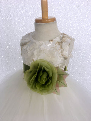 FL Off White Ivory 3D Floral Gold Embroidery 2 Layer Tulle Dress Olive Green Flower Ribbon