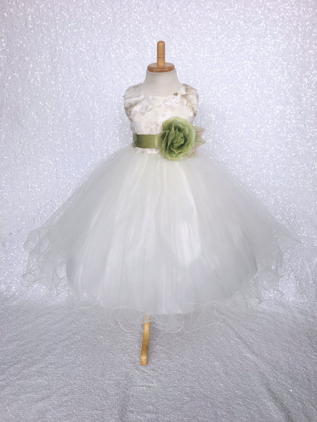 FL Off White Ivory 3D Floral Gold Embroidery 2 Layer Tulle Dress Olive Green Flower Ribbon