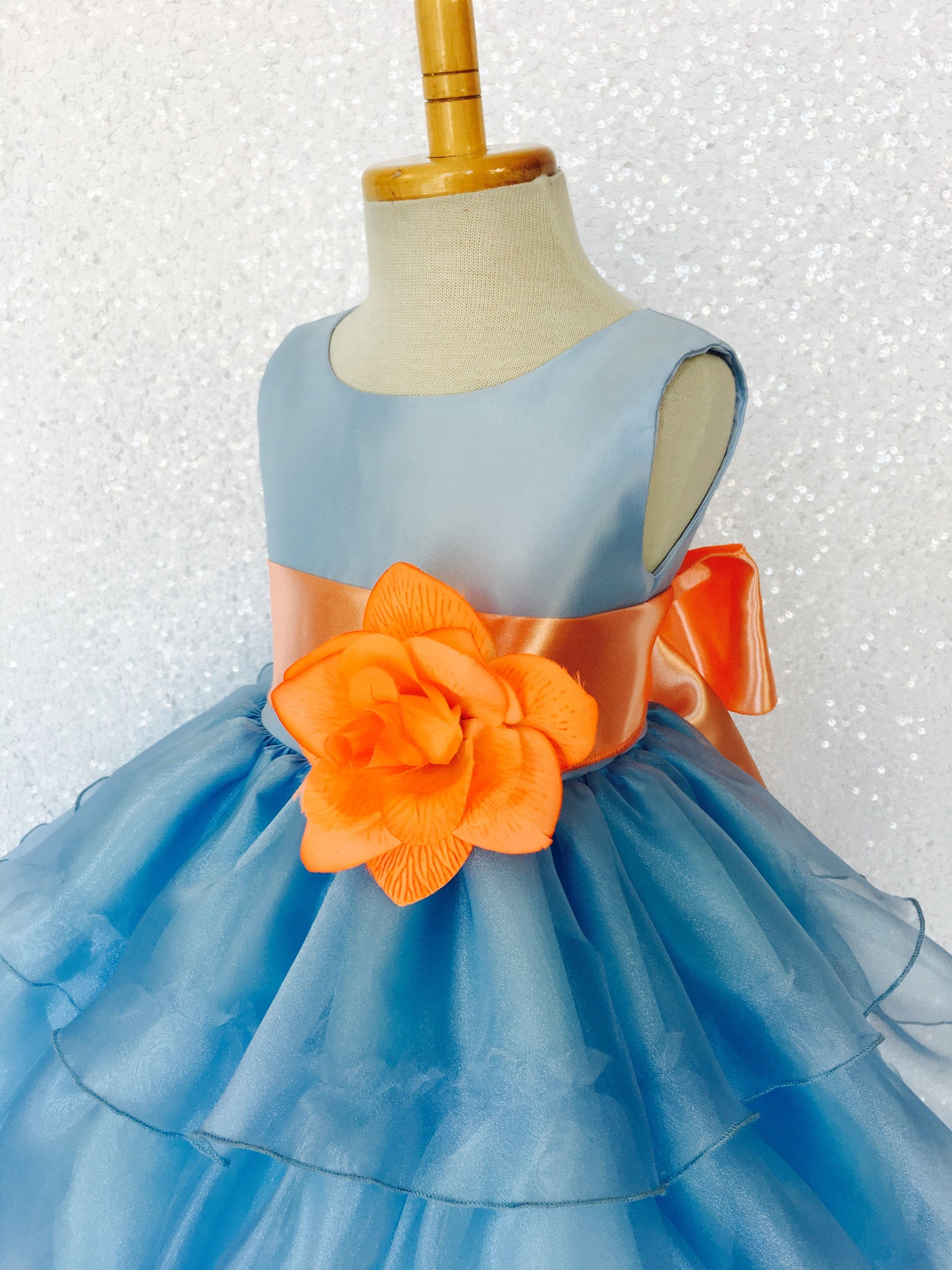 Baby Blue Sleeveless Satin Organza Ruffle Dress