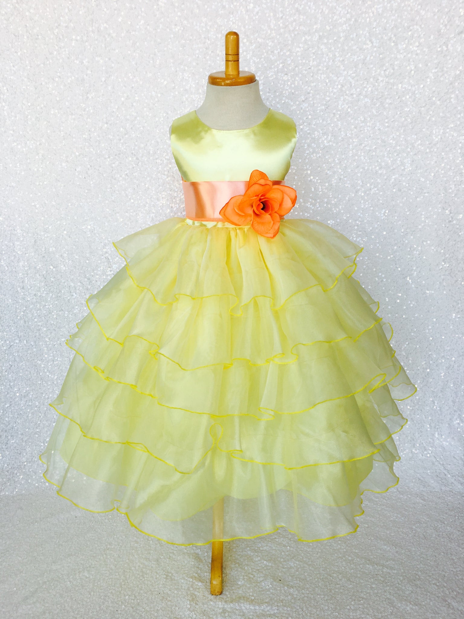 Canary Yellow Sleeveless Satin Organza Ruffle Dress