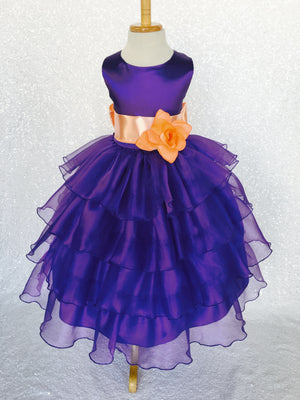 Purple Sleeveless Satin Organza Ruffle Dress