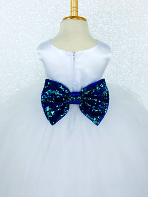 Sleeveless White 4 Layer Tulle Princess Dress Royal Blue Sequin Bow Ribbon