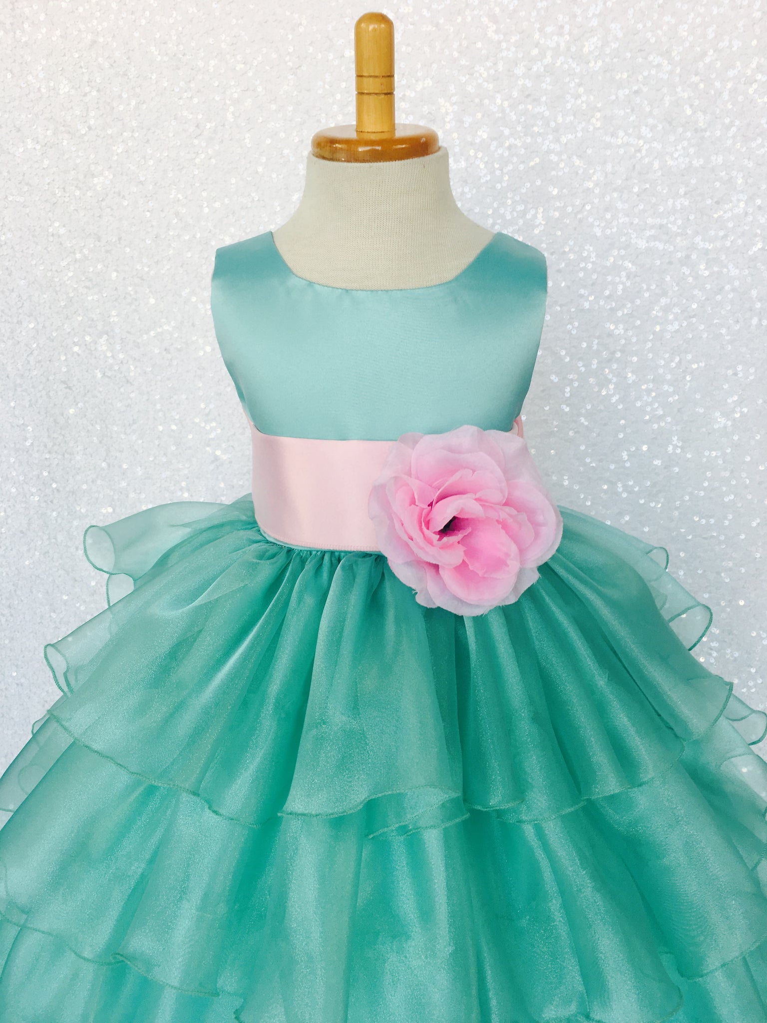 Aqua Satin Organza Ruffle Sleeveless Dress White Sash Flower