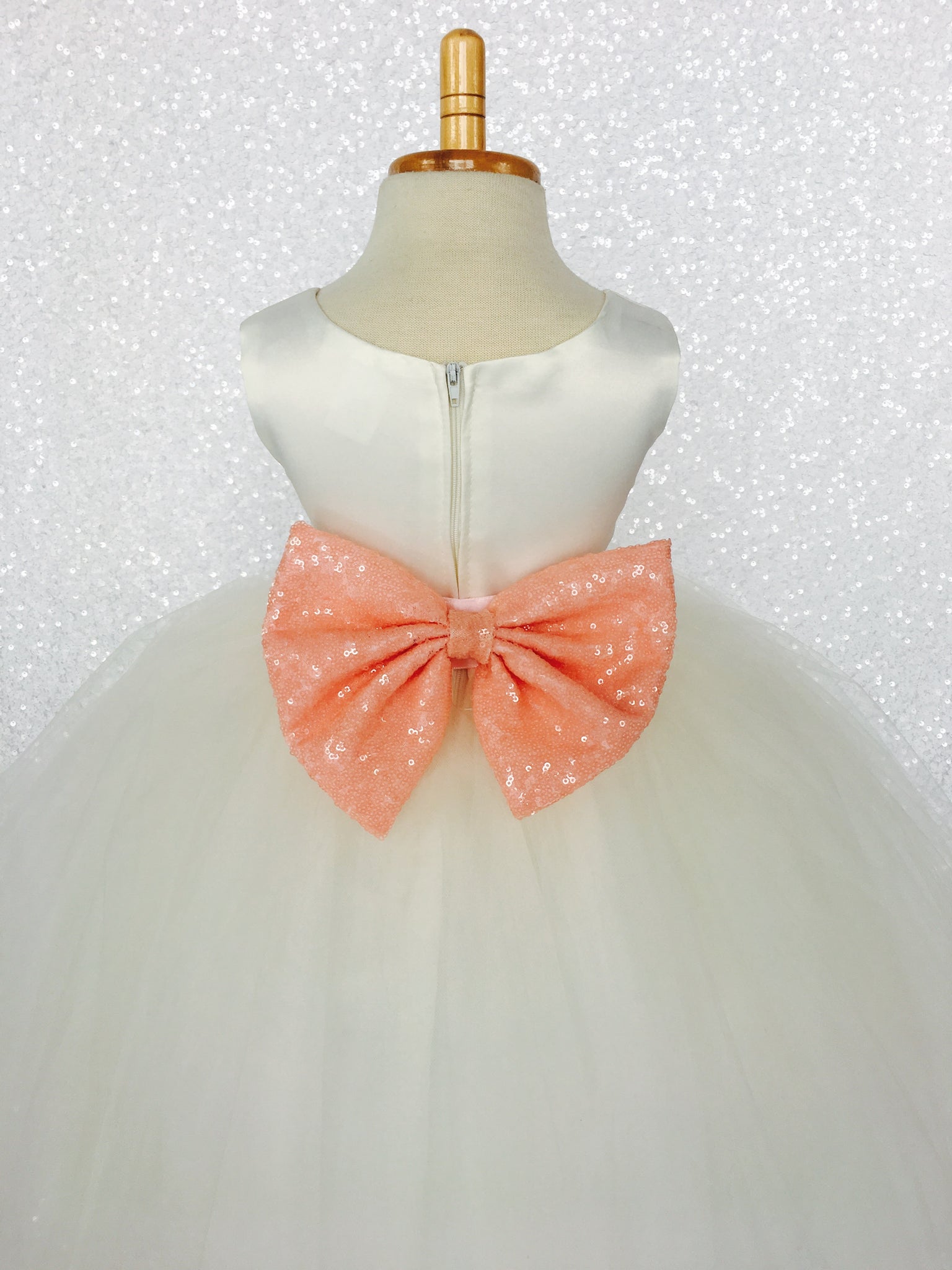 Sleeveless Ivory 4 Layer Tulle Princess Dress Burgundy Sequin Bow Ribbon