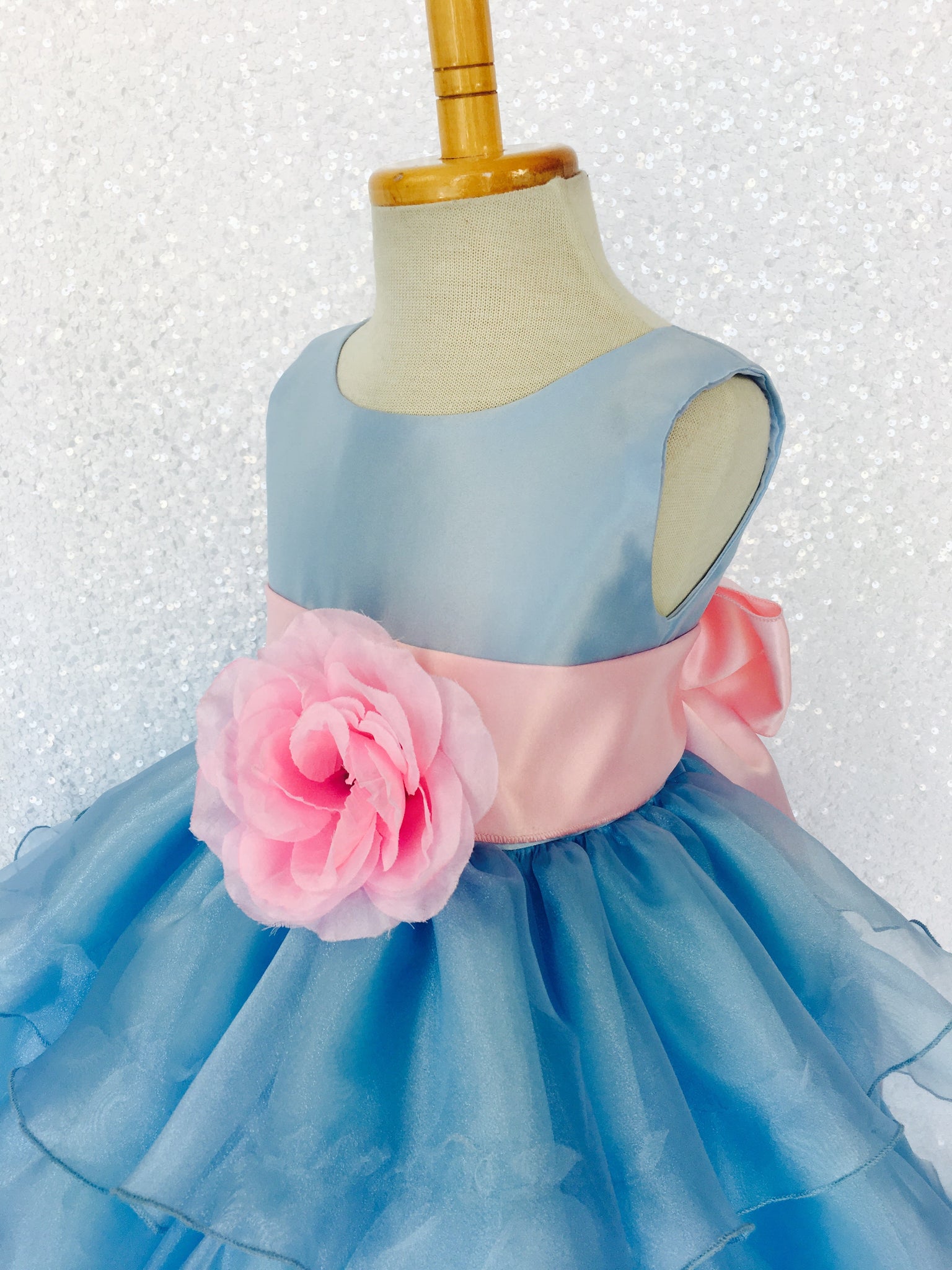 Baby Blue Sleeveless Satin Organza Ruffle Dress