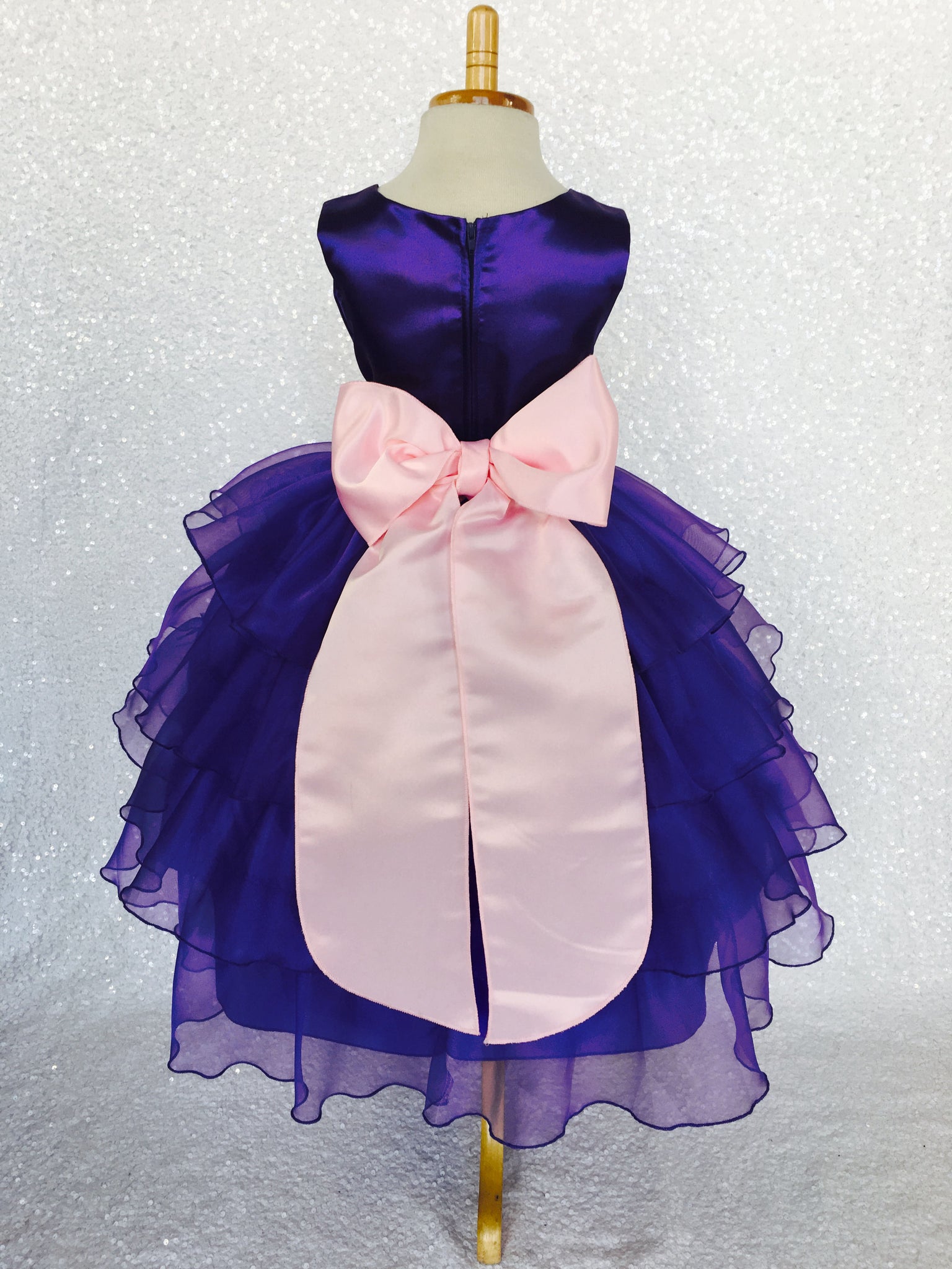 Purple Sleeveless Satin Organza Ruffle Dress Pink Flower Sash