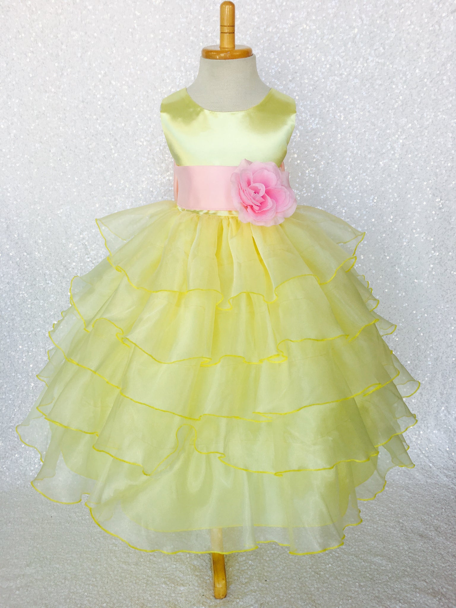 Canary Yellow Sleeveless Satin Organza Ruffle Dress