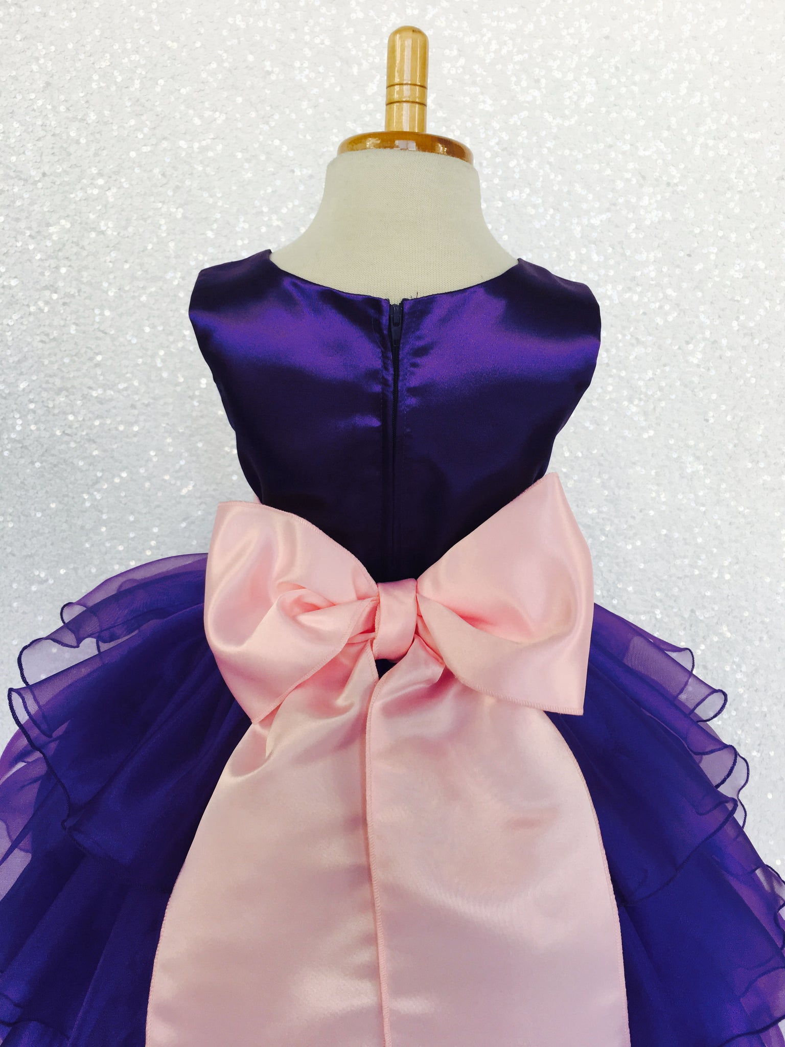 Purple Sleeveless Satin Organza Ruffle Dress Pink Flower Sash