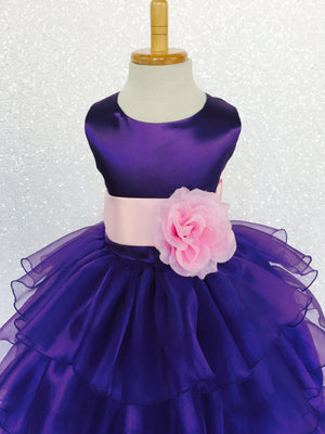 Purple Sleeveless Satin Organza Ruffle Dress Pink Flower Sash