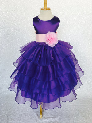 Purple Sleeveless Satin Organza Ruffle Dress Pink Flower Sash