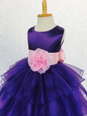 Purple Sleeveless Satin Organza Ruffle Dress Pink Flower Sash