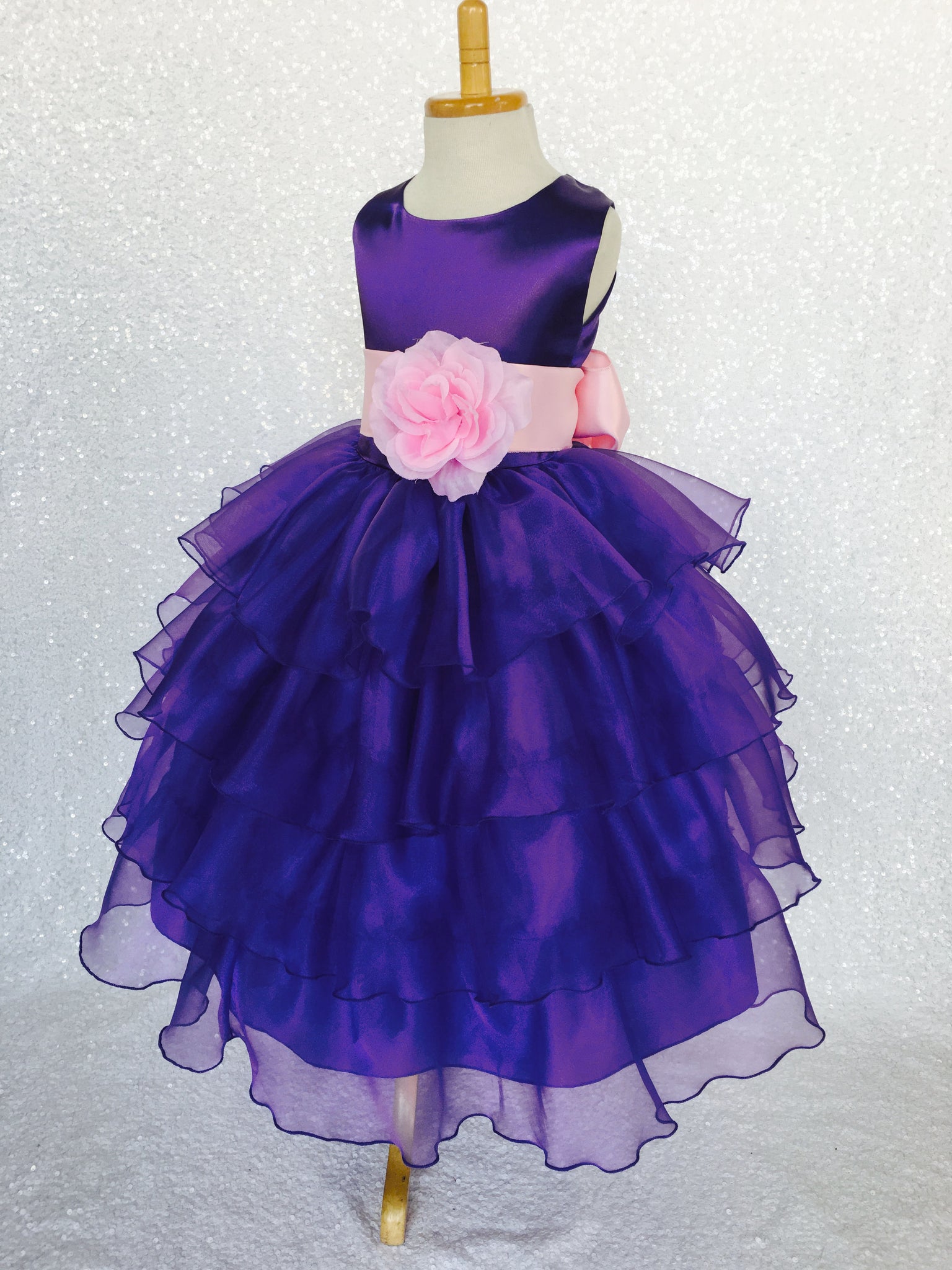 Purple Sleeveless Satin Organza Ruffle Dress Pink Flower Sash