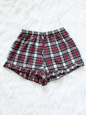 Navy Red White Adult PJ Women Pajama Plaid Ruffle Shorts