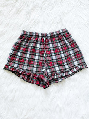 Women Pajama Plaid Red Black Shorts Ruffle Adult PJ