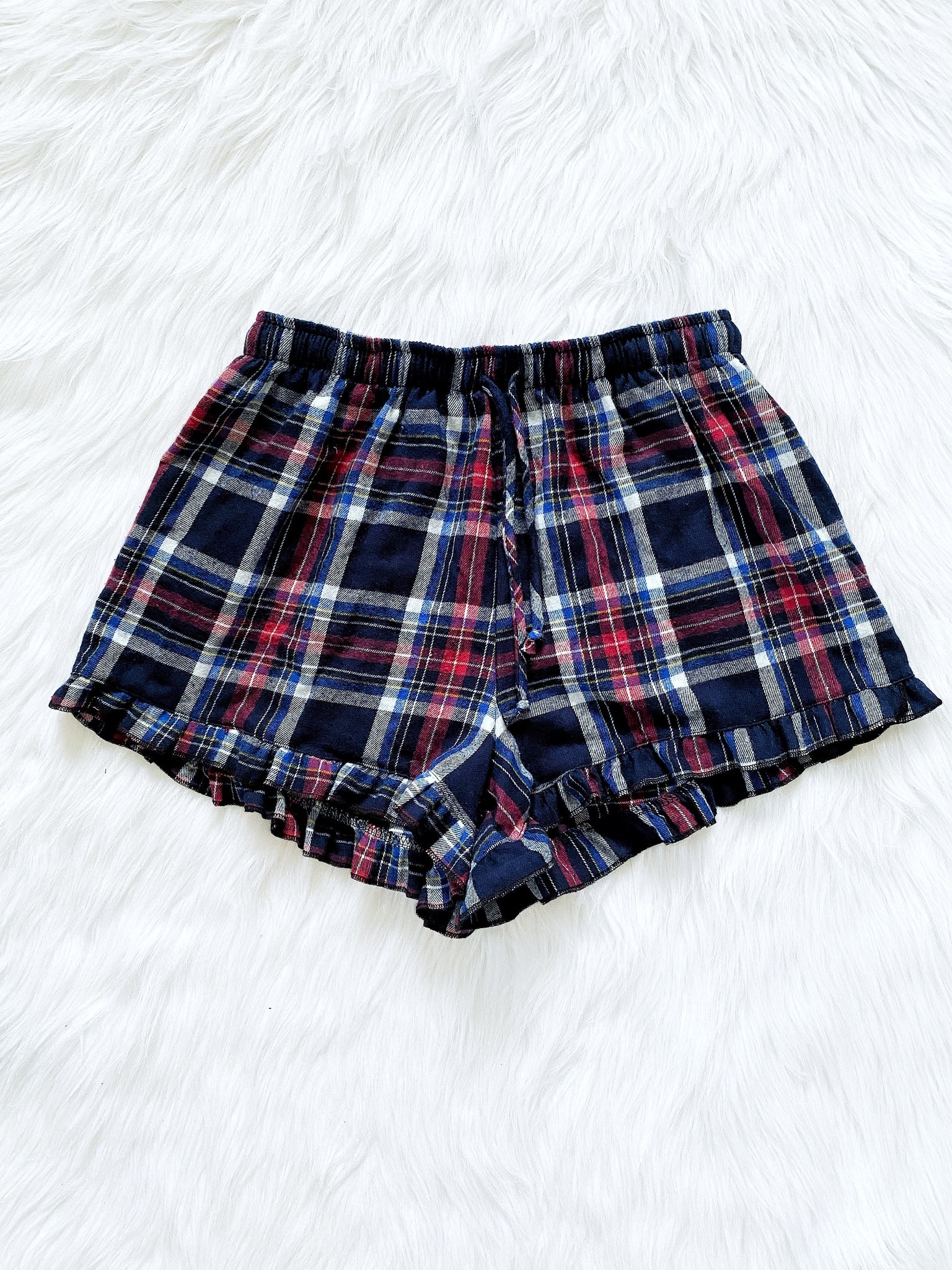 Women Pajama Plaid Red Black Shorts Ruffle Adult PJ