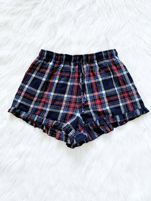 Women Adult PJ Black Navy Red White Pajama Plaid Ruffle Shorts