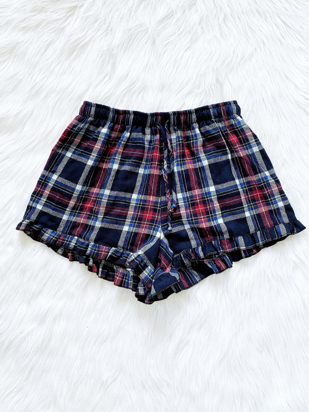 Navy Red White PJ Youth Pajama Plaid Ruffle Shorts