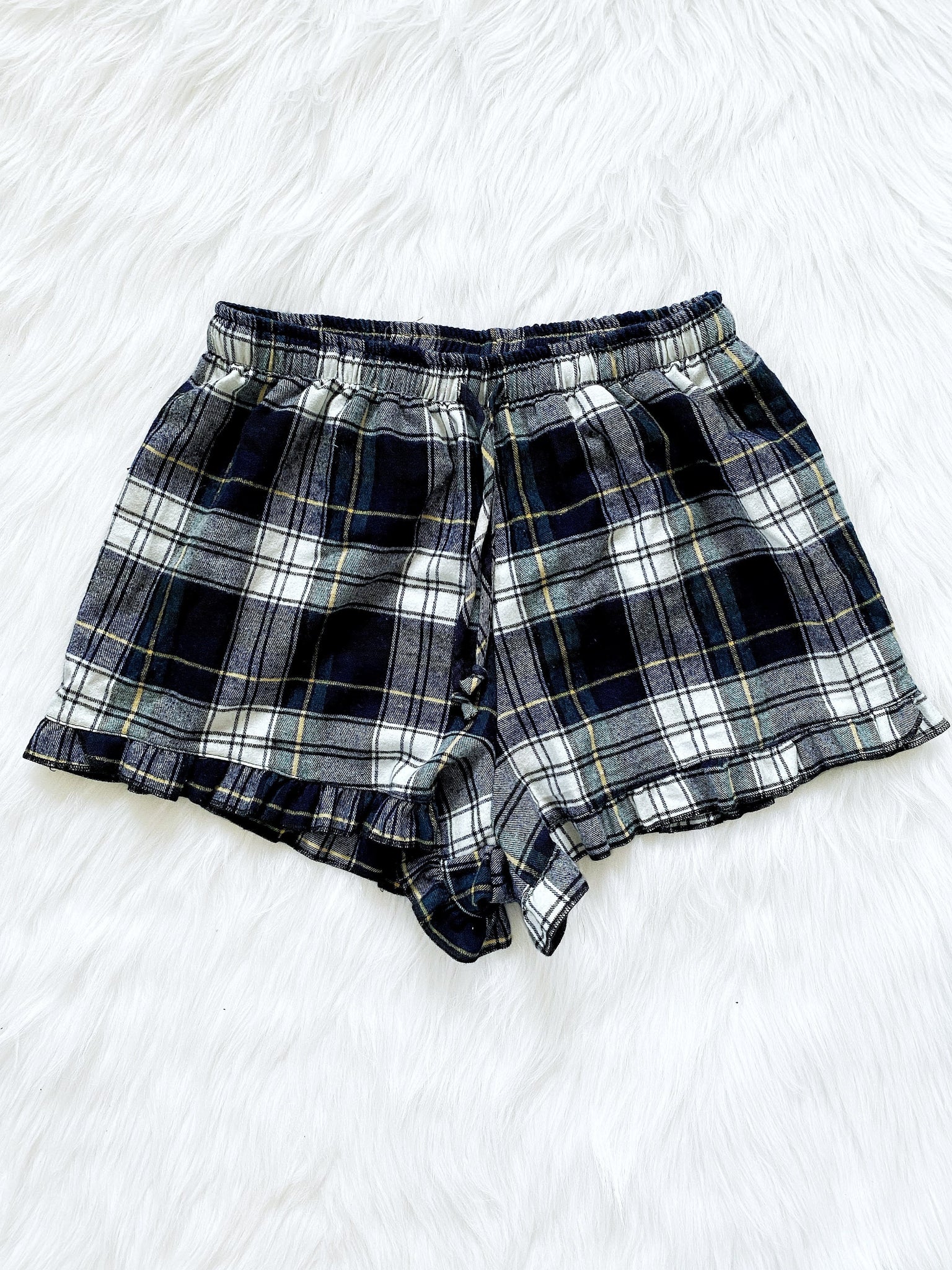 Women Adult Navy Yellow PJ Pajama Plaid Ruffle Shorts